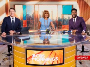 Gayle King on the CBS Mornings set at the anchor desk