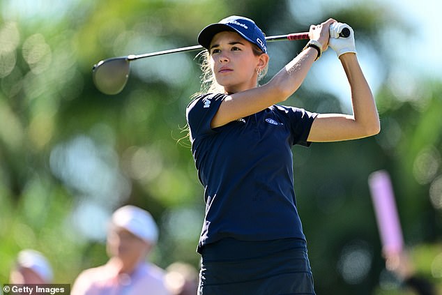 Kai Trump hits a tee shot during her LPGA debut at The ANNIKA in Belleair, Florida.