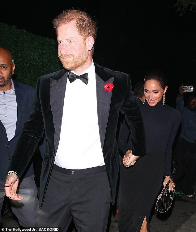 Prince Harry holds Meghan Markle’s hand arriving at the James Bond–themed party; inside photos with Kris Jenner and Kim Kardashian were later posted and deleted.