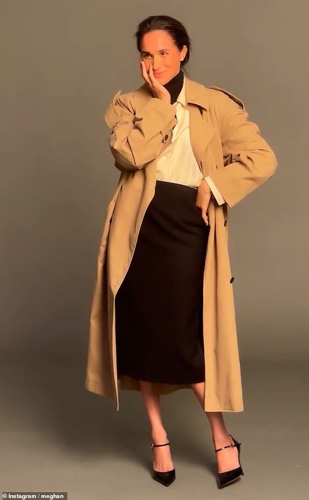 The Duchess of Sussex is seen posing with a smile as directors off-camera tell her to be 'romantic'