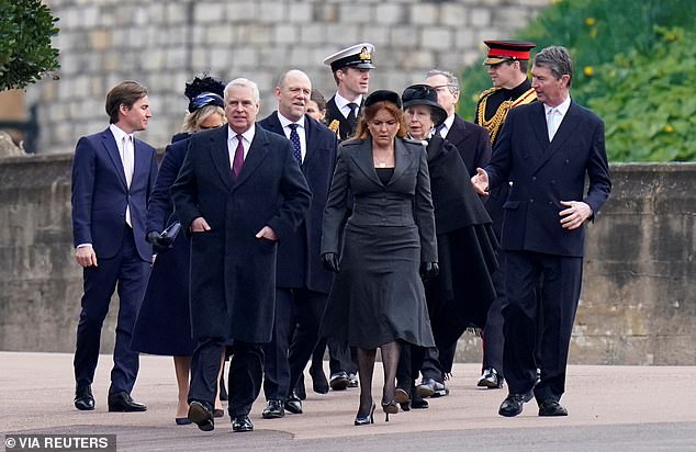 Edoardo Mapelli Mozzi, Prince Andrew, Mike Tindall, Sarah Ferguson, Princess Anne and Sir Timothy Laurence at a thanksgiving service at St George's Chapel