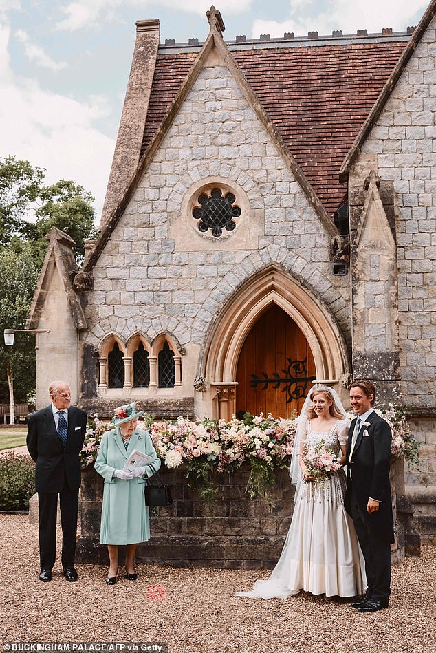 Beatrice and Edo with Queen Elizabeth II and Prince Philip on their wedding day at the Royal Chapel of All Saints, July 2020
