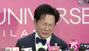 Nawat Itsaragrisil, president of Miss Grand International, appears to apologize to delegates in Bangkok in a widely shared clip. He is not part of Miss Universe Organization leadership.