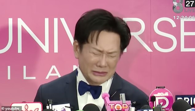 Nawat Itsaragrisil, president of Miss Grand International, appears to apologize to delegates in Bangkok in a widely shared clip. He is not part of Miss Universe Organization leadership.