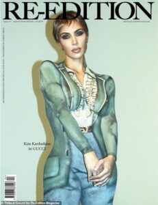 Kim Kardashian in a trompe-l’oeil painted-on suit on the cover of Re-Edition’s A/W issue