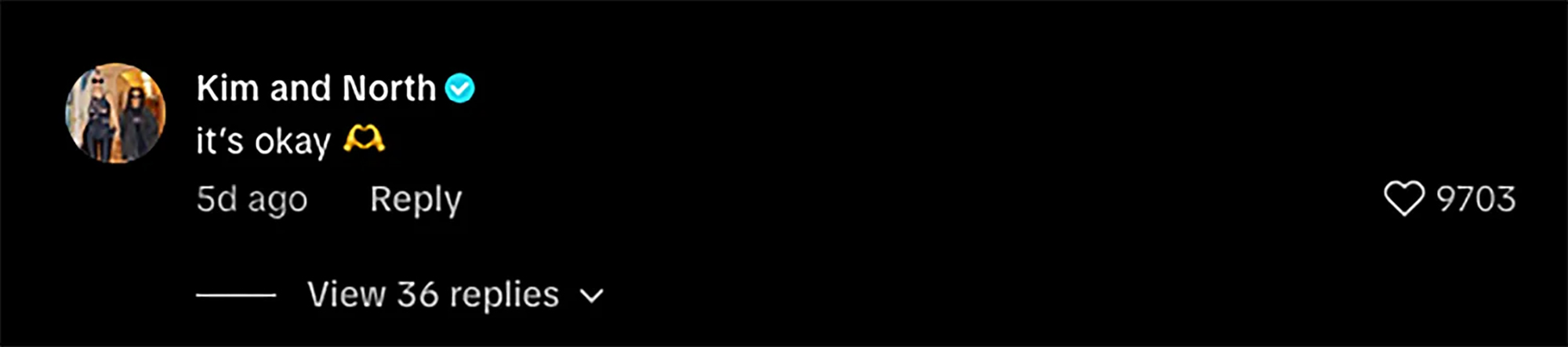 Kim and North’s joint TikTok account replying “it’s okay” to a video about North’s finger piercing