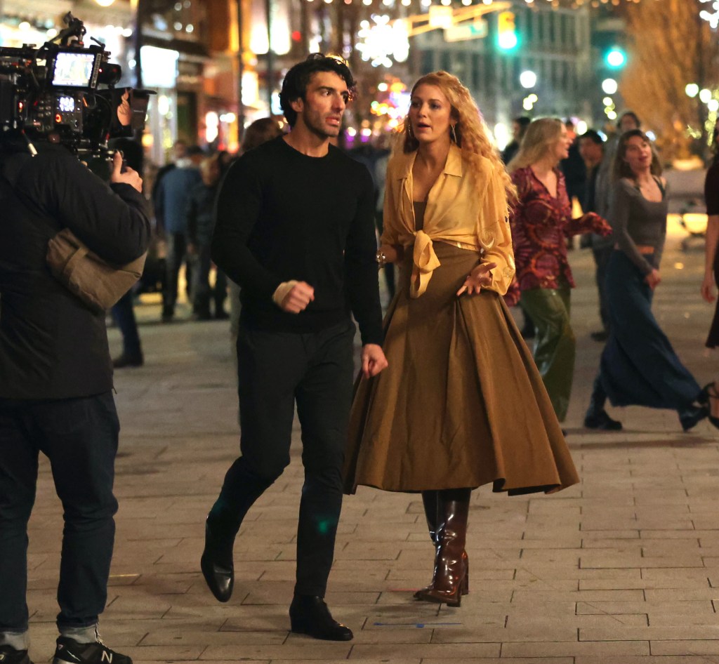 Justin Baldoni and Blake Lively filming 'It Ends with Us' on set in Jersey City.