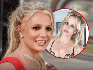 Britney Spears returns to Instagram in a black-and-nude lingerie set; composite of Getty and @britneyspears images.