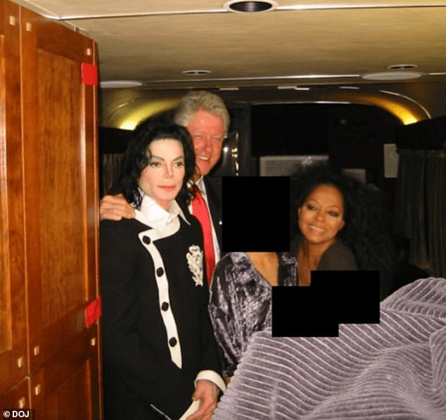Photo from DOJ release appearing to show Bill Clinton with Michael Jackson and Diana Ross; identities were not captioned by DOJ.