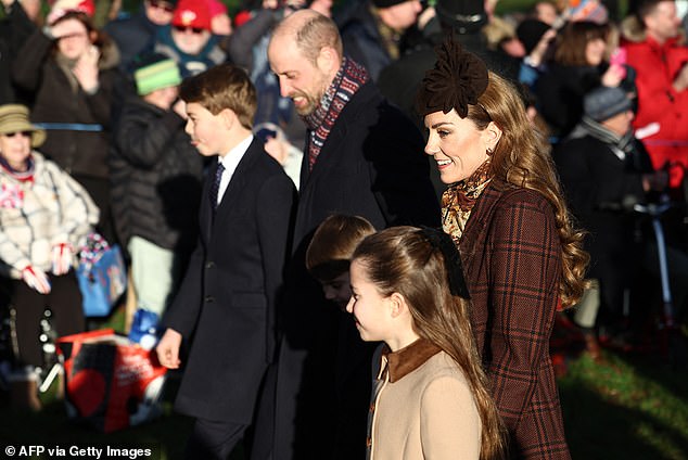The Prince and Princess of Wales with Prince George, Princess Charlotte and Prince Louis during the Sandringham church walk