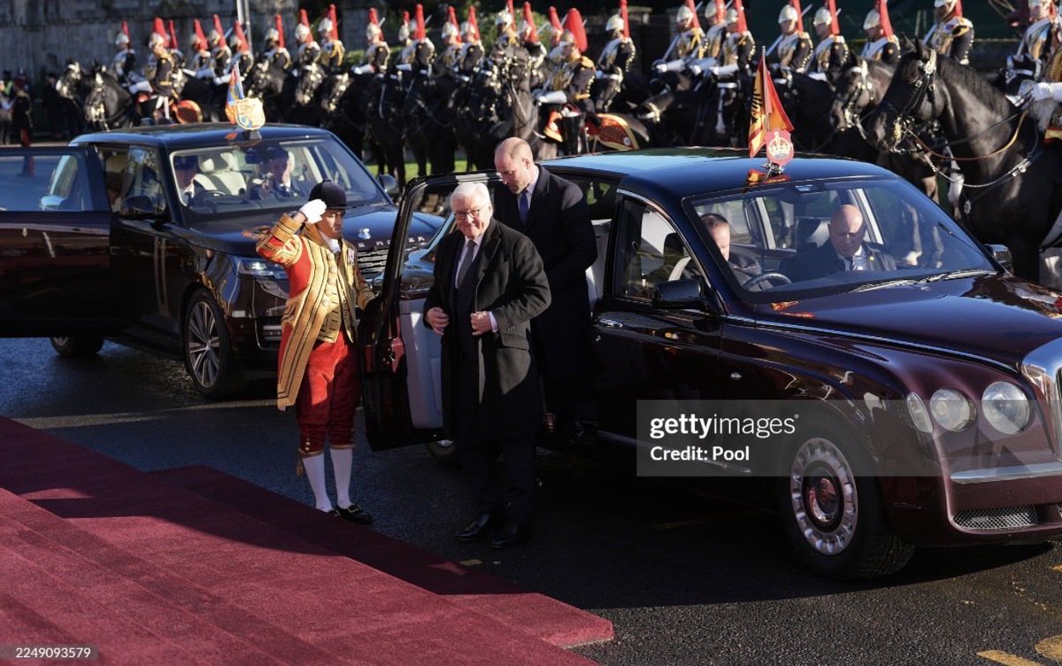 German President Frank-Walter Steinmeier and Elke Budenbender are greeted by Prince William and Catherine, Princess of Wales, at Datchet Road during the German state visit to Windsor, December 3, 2025.