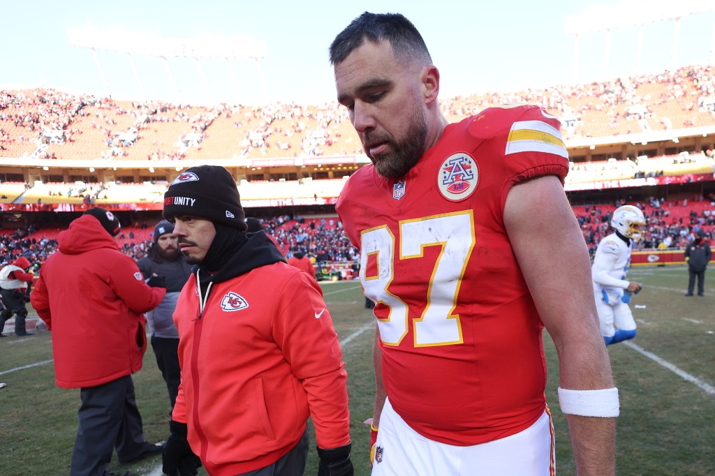 Kansas City Chiefs tight end Travis Kelce walks off the field.