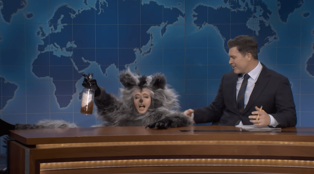 Sarah Sherman slides onto Colin Jost's Weekend Update desk in the raccoon sketch.