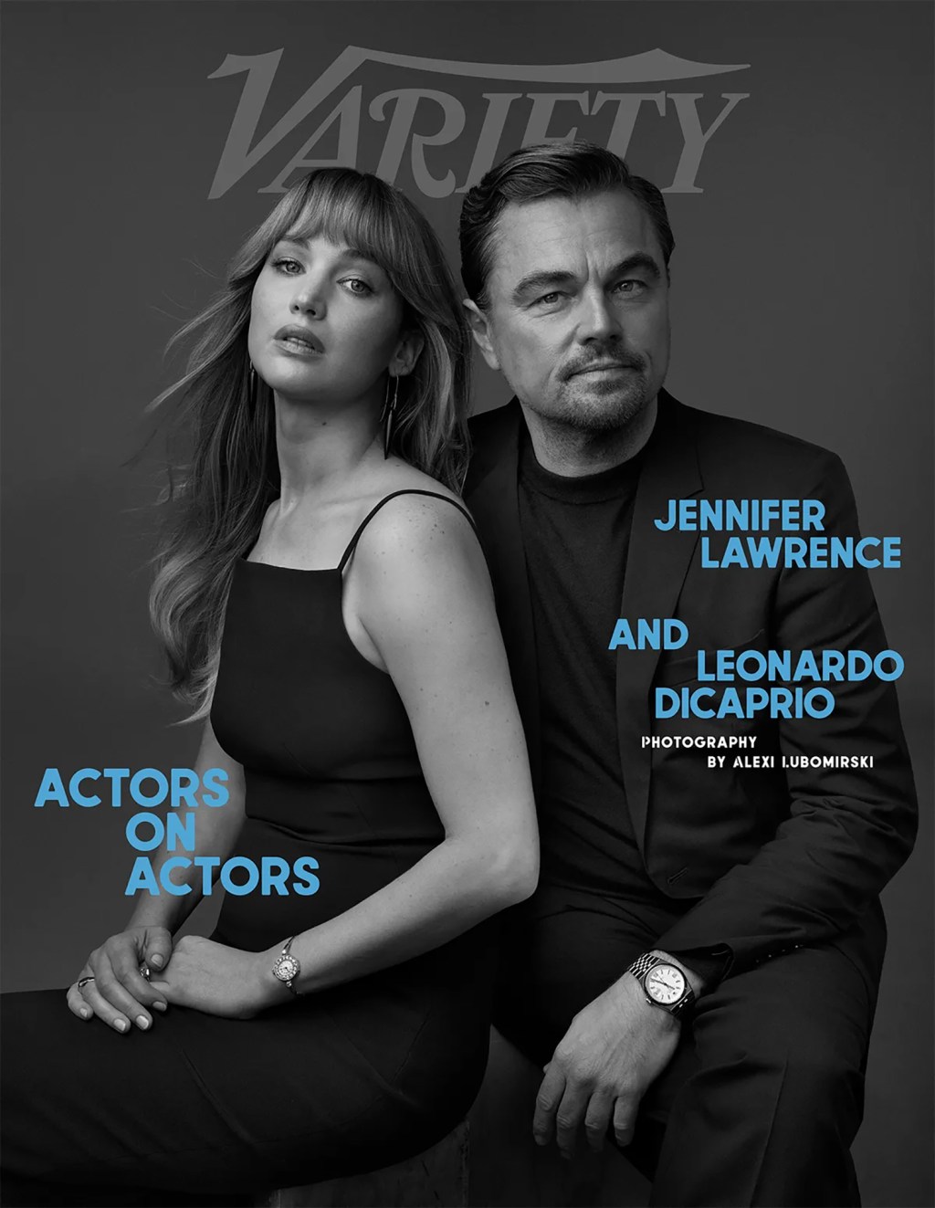 Jennifer Lawrence and Leonardo DiCaprio in a black-and-white portrait for Variety.