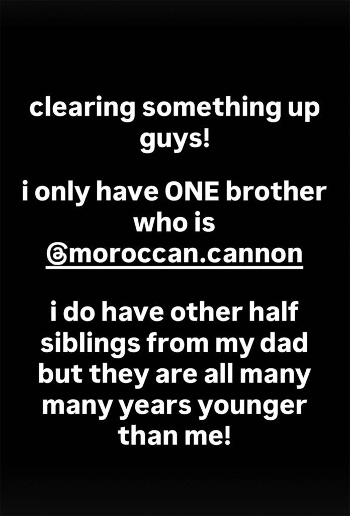 Screenshot of Monroe Cannon's Instagram Story referencing having one brother and younger half-siblings.