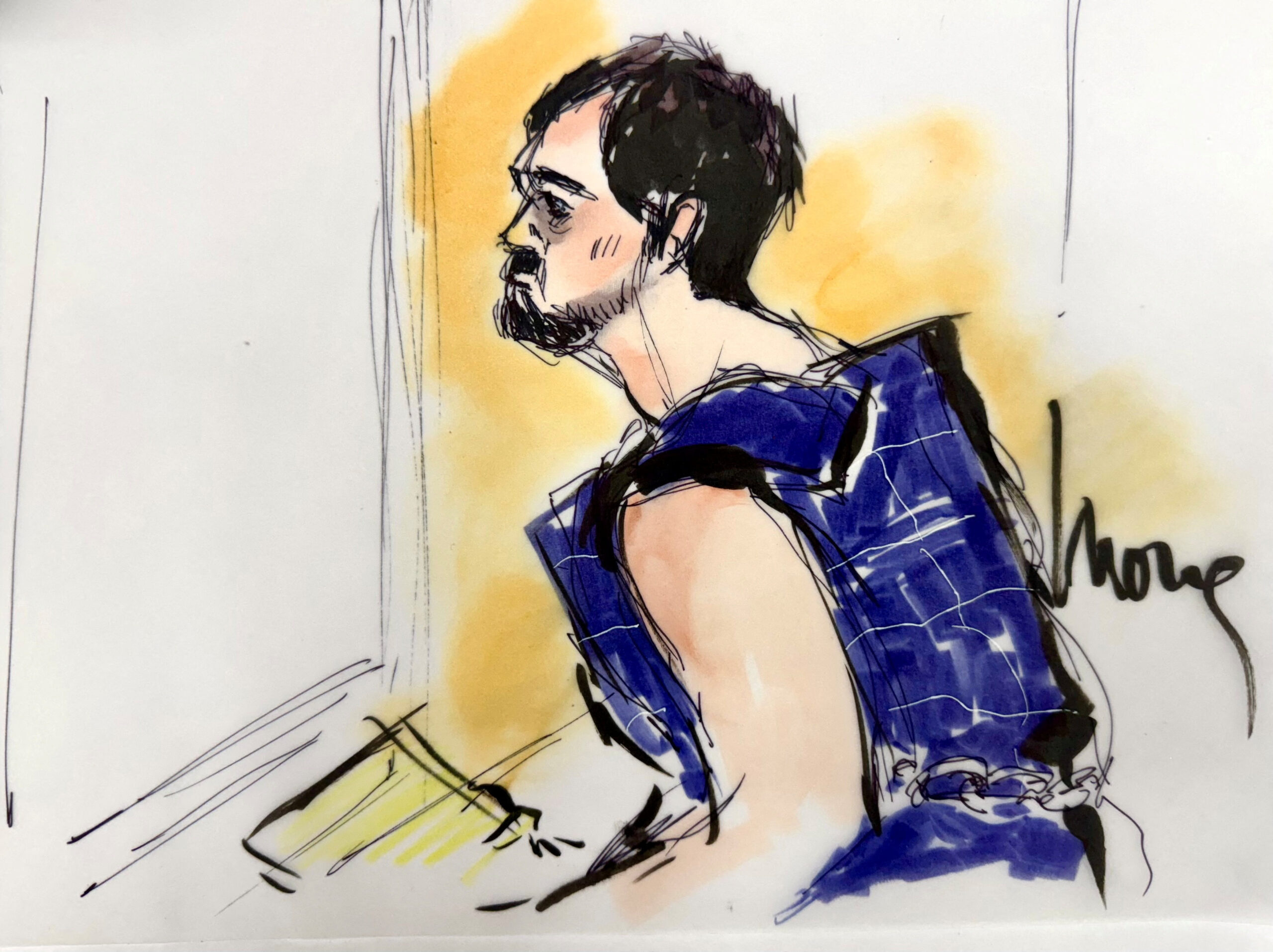 Courtroom sketch of Nick Reiner during a court appearance in Los Angeles.