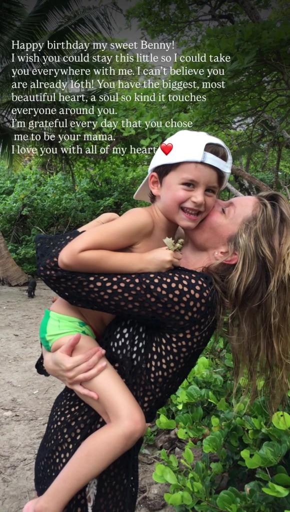 Gisele Bundchen kissing her son Benjamin on the cheek in a throwback photo celebrating his 16th birthday.