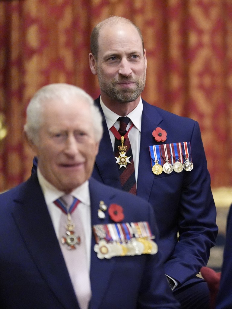 Prince William, Prince of Wales, and King Charles III at a reception for World War II veterans.