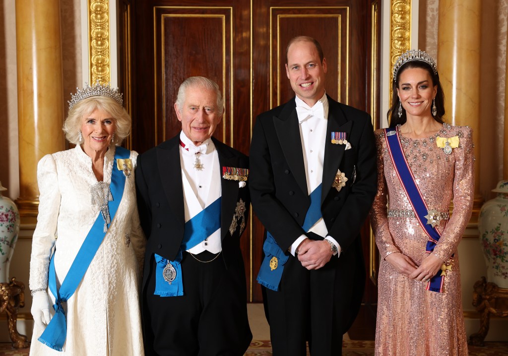 Queen Camilla, King Charles III, Prince William, and Catherine, Princess of Wales pose for a photograph.