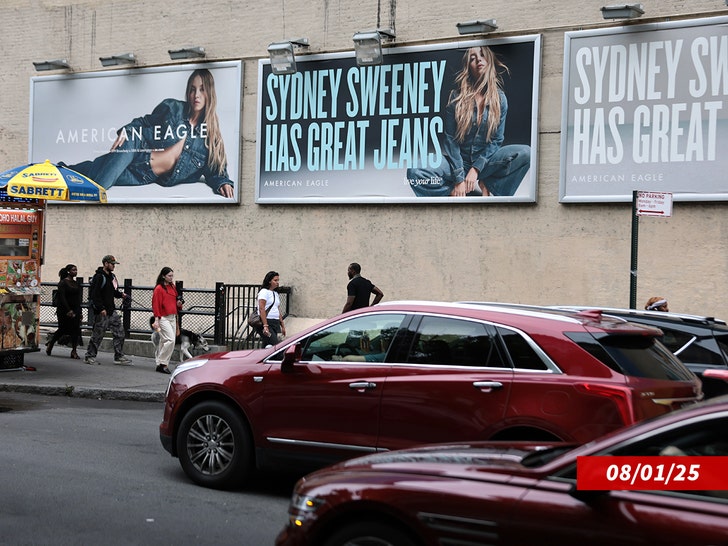 Promotional shot of Sydney Sweeney modeling jeans for American Eagle.