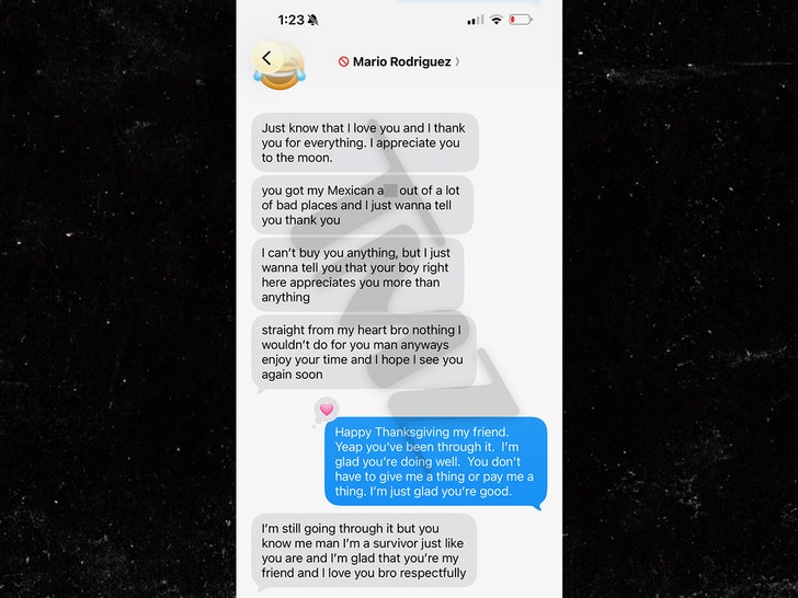 Alleged text message screenshots between Mario Rodriguez and Tyler Perry from 2024 (screenshot).