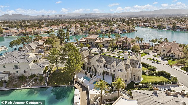 Exterior of Zoltan Bathory's castle-style Las Vegas estate on Lake Sahara
