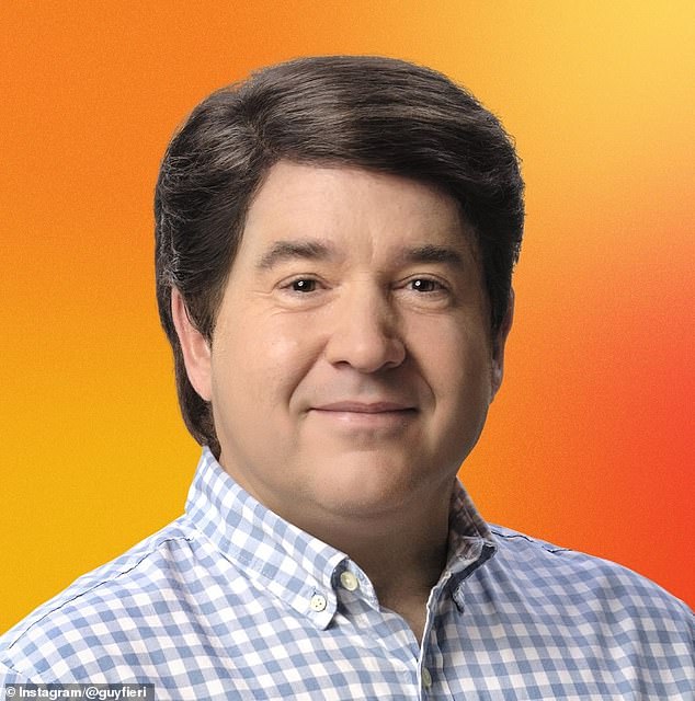 Guy Fieri debuts his clean-cut 'Just A Guy' look with brown side-parted hair and a button-down shirt.