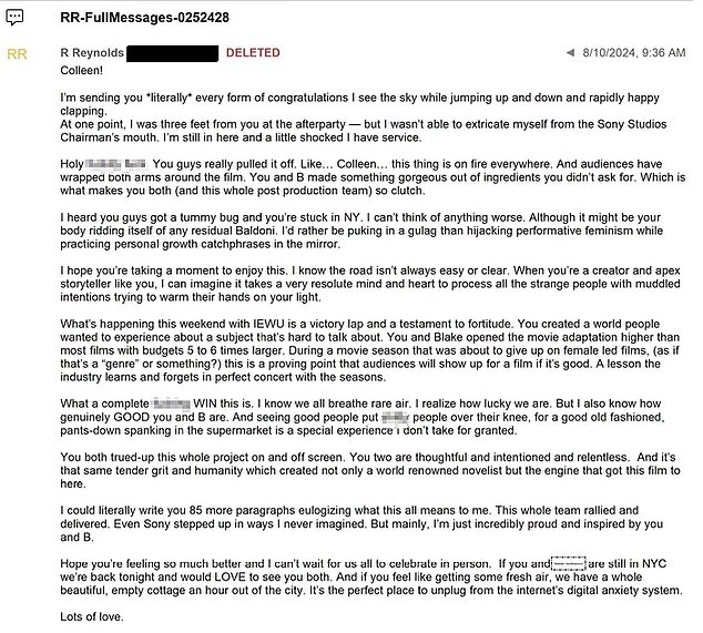 Ryan Reynolds linked to an email to Colleen Hoover after the film's premiere that drew criticism