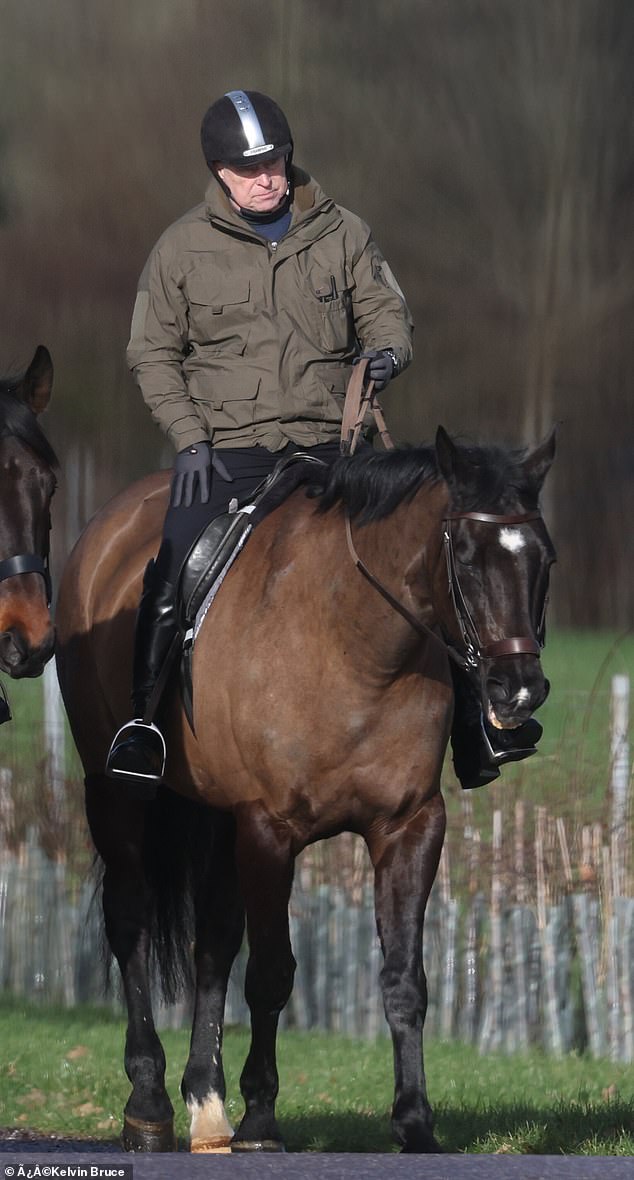 Andrew Mountbatten-Windsor on horseback later the same day on the Windsor Estate.