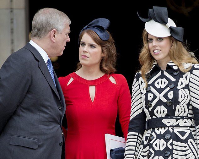 Andrew Mountbatten-Windsor (left), Princess Eugenie (centre) and Princess Beatrice (right) at St Paul's Cathedral in London in June 2016