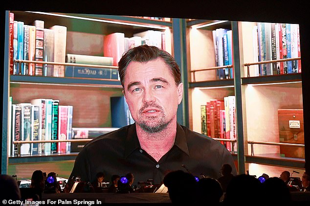 Leonardo DiCaprio accepts the Desert Palm Achievement Award via video after travel disruptions.