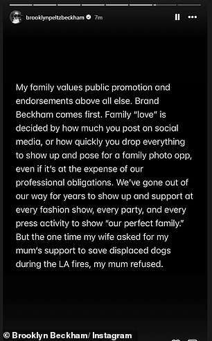Screenshot of Brooklyn Beckham's Instagram statement: 'My family values public promotion and endorsements above all else. Brand Beckham comes first.'