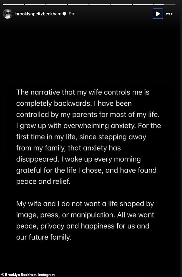 Screenshot of Brooklyn Beckham's Instagram statement: 'The narrative that my wife controls me is completely backwards. I have been controlled by my parents for most of my life.'