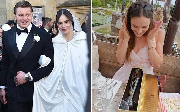 Image from X showing engraved Don Julio 1942 tequila bottles reportedly given as wedding favors at Holly Ramsay and Adam Peaty's wedding.