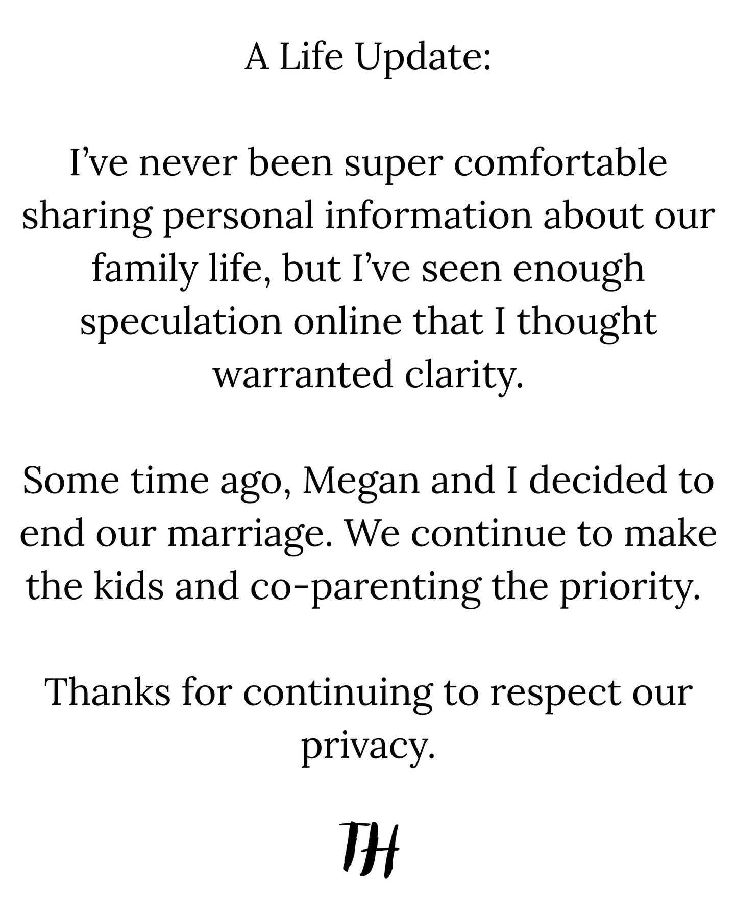 Tyler Hilton's Instagram 'life update' post announcing his split from Megan Park.