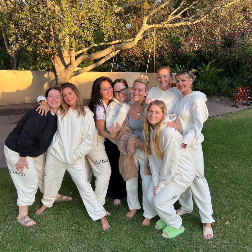 Ashley Tisdale, Hilary Duff, and friends wearing matching "Mother" sweats.