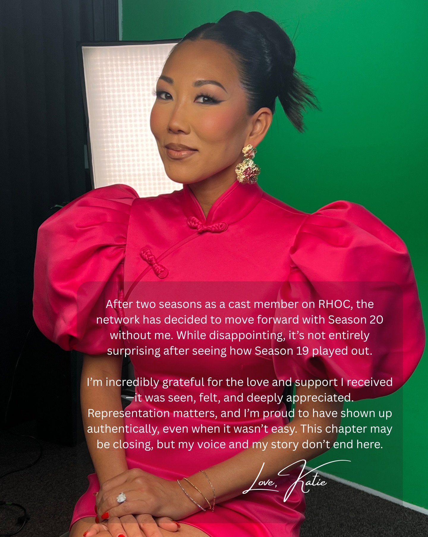 Katie Ginella in a pink dress, announcing her exit from The Real Housewives of Orange County.