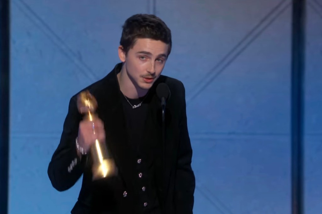 Timothee Chalamet thanks his 'partner' while accepting his Golden Globe on stage.