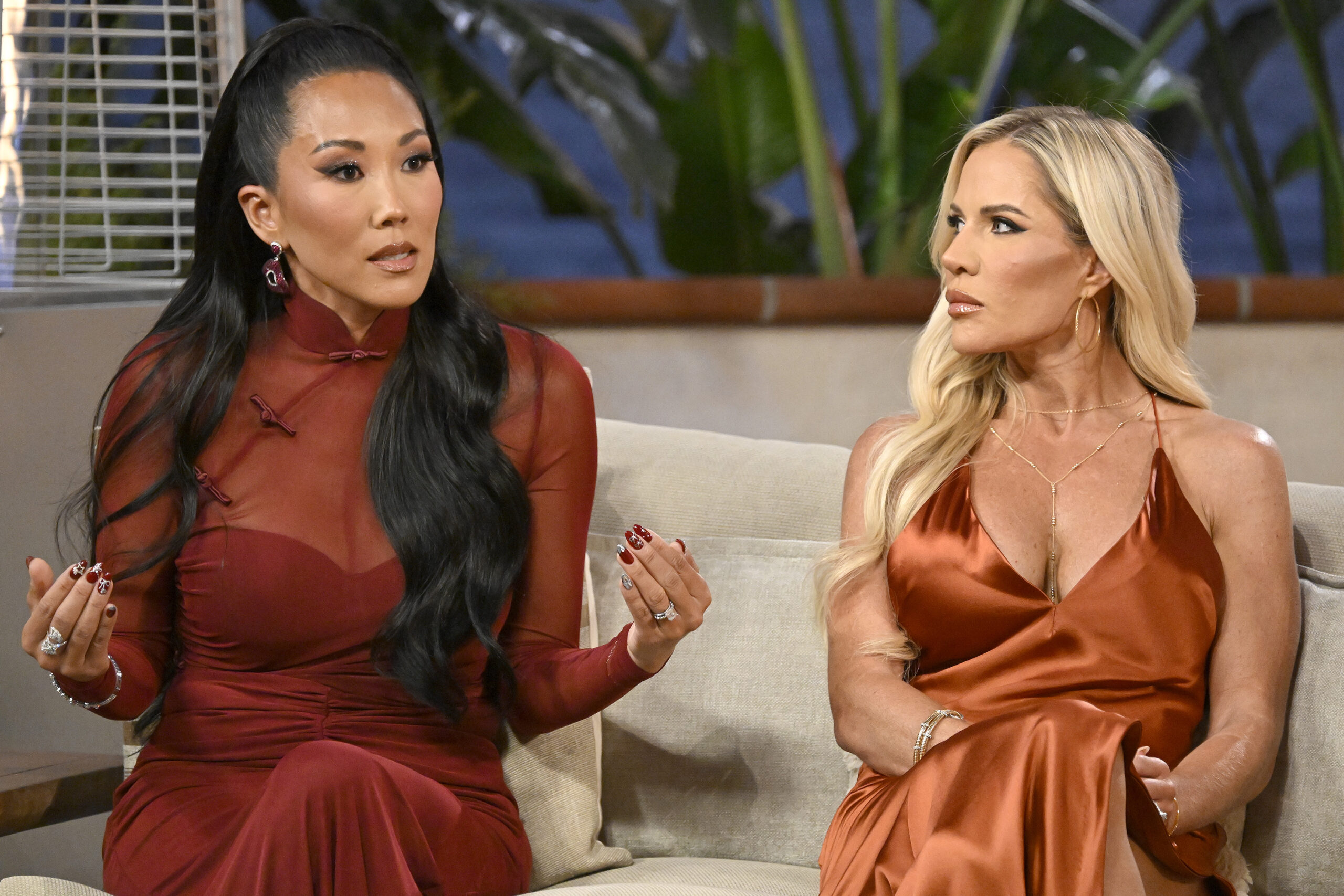 Katie Ginella and Jennifer Pedranti during the RHOC reunion, seated and in conversation.