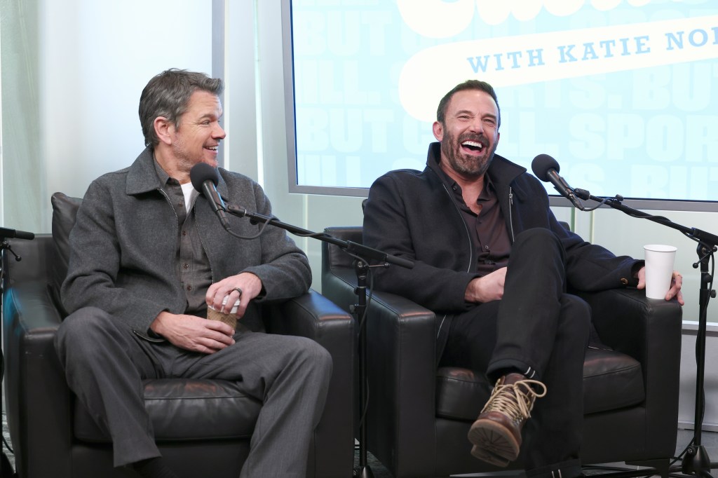 Matt Damon and Ben Affleck laughing on a SiriusXM podcast; Affleck calls his lateness a "complete myth"