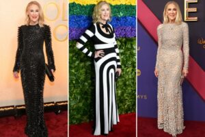 Catherine O'Hara wearing a structured Georges Chakra gown at the 2019 Critics Choice Awards on the red carpet.