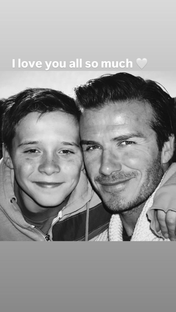David Beckham and son Brooklyn in an Instagram Stories photo with the text "I love you all so much".
