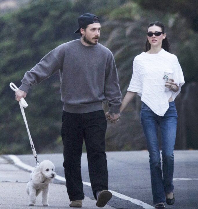 Brooklyn Beckham and Nicola Peltz Beckham holding hands and walking their white poodle on a Malibu beach.