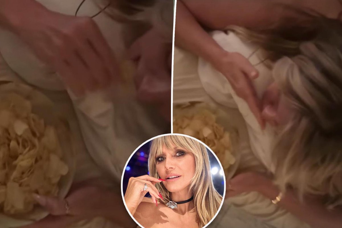 Heidi Klum in her Instagram video receiving a leg and butt massage while eating potato chips, via Page Six on X