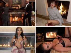 Stars posing by a fireplace in TMZ's winter celebrity roundup