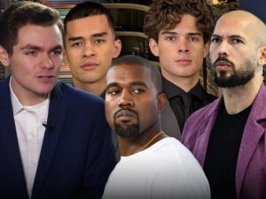Composite image of Ye (Kanye West), Andrew Tate, Nick Fuentes, and Sneako