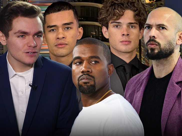 Composite image of Ye (Kanye West), Andrew Tate, Nick Fuentes, and Sneako