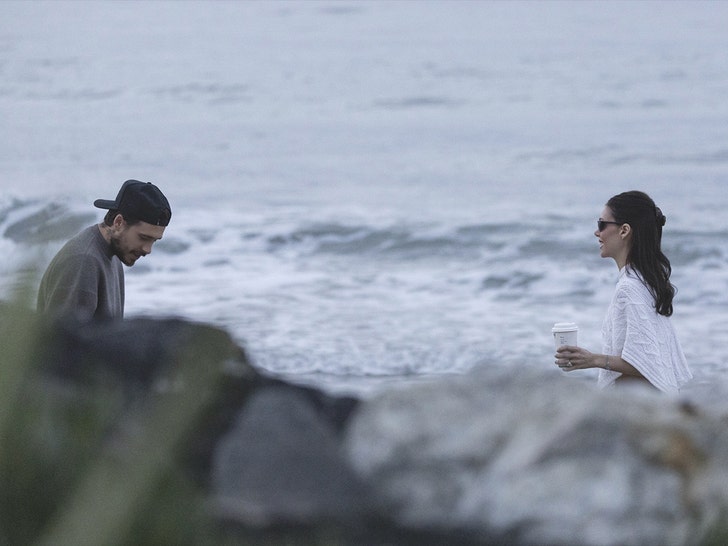 Brooklyn Beckham and Nicola Peltz walking their dog on Malibu beach at sunset, appearing relaxed.