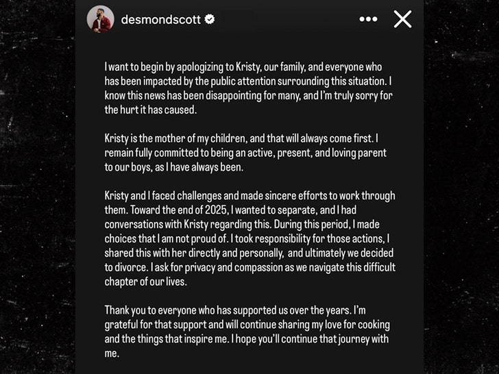 Desmond Scott's Instagram Story statement apologizing amid his divorce from Kristy Scott (Jan. 10, 2026)