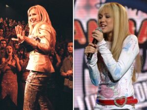 Stills from The Lizzie McGuire Movie (2003) and Hannah Montana, highlighting the pop-star double-life theme.